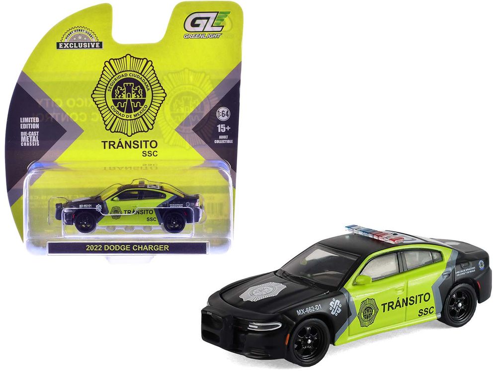 2022 Dodge Charger "SSC Mexico City Traffic Control Police" Black and Neon Green "Hobby Exclusive" Series 1/64 Diecast Model Car by Greenlight