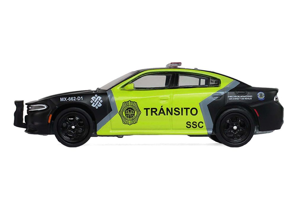 2022 Dodge Charger "SSC Mexico City Traffic Control Police" Black and Neon Green "Hobby Exclusive" Series 1/64 Diecast Model Car by Greenlight view 2