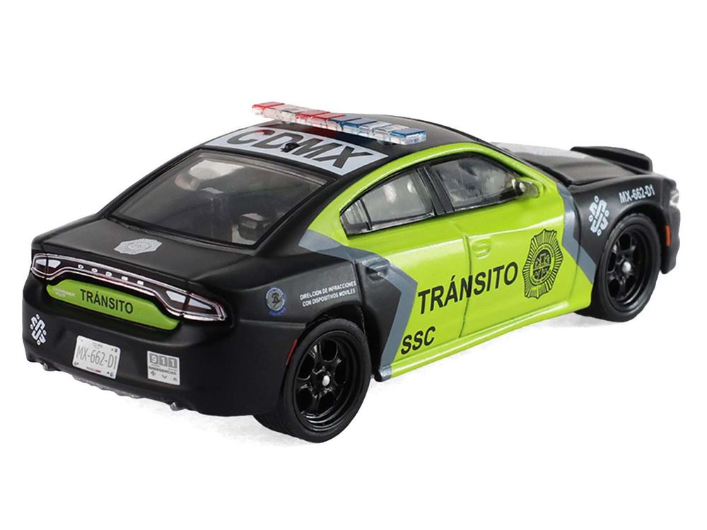 2022 Dodge Charger "SSC Mexico City Traffic Control Police" Black and Neon Green "Hobby Exclusive" Series 1/64 Diecast Model Car by Greenlight view 3