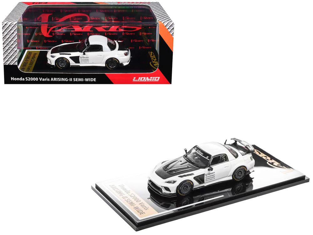 Honda S2000 Varis Arising-II Semi-Wide RHD (Right Hand Drive) White with Carbon Hood 1/64 Diecast Model Car by Liomio