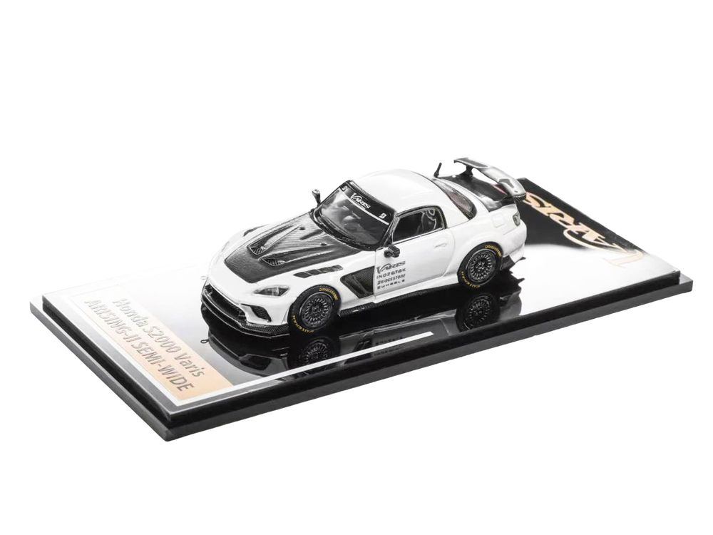 Honda S2000 Varis Arising-II Semi-Wide RHD (Right Hand Drive) White with Carbon Hood 1/64 Diecast Model Car by Liomio view 2
