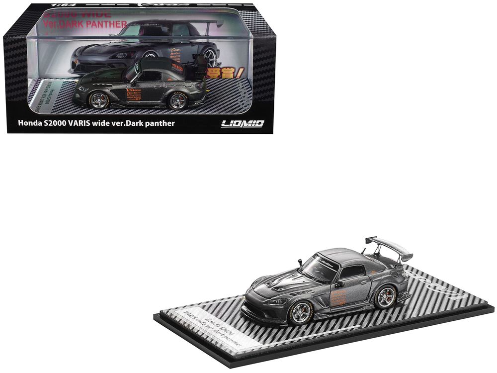 Honda S2000 Varis Wide Version "Dark Panther" RHD (Right Hand Drive) Dark Gray Metallic with Carbon Hood 1/64 Diecast Model Car by Liomio