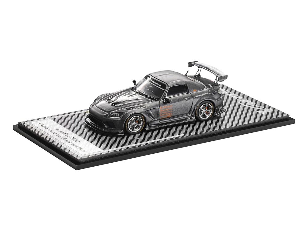 Honda S2000 Varis Wide Version "Dark Panther" RHD (Right Hand Drive) Dark Gray Metallic with Carbon Hood 1/64 Diecast Model Car by Liomio view 2
