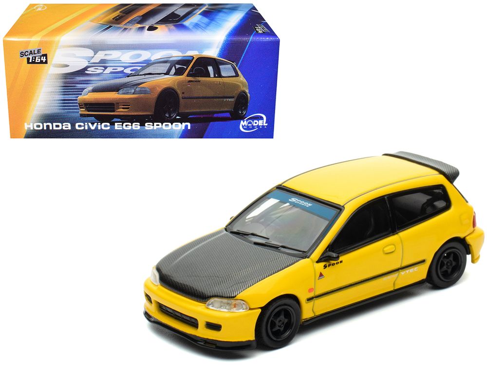 Honda Civic (EG6) RHD (Right Hand Drive) "Spoon Racing" Yellow with Carbon Hood 1/64 Diecast Model Car by Model Model