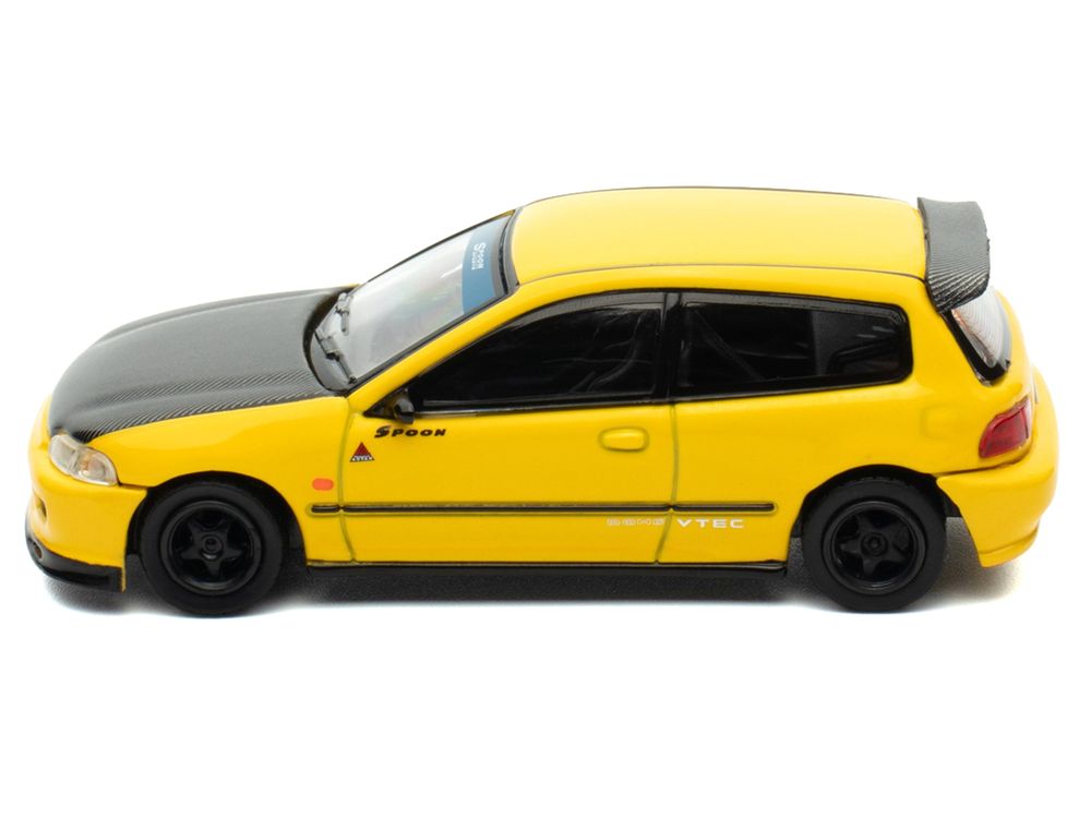 Honda Civic (EG6) RHD (Right Hand Drive) "Spoon Racing" Yellow with Carbon Hood 1/64 Diecast Model Car by Model Model view 2