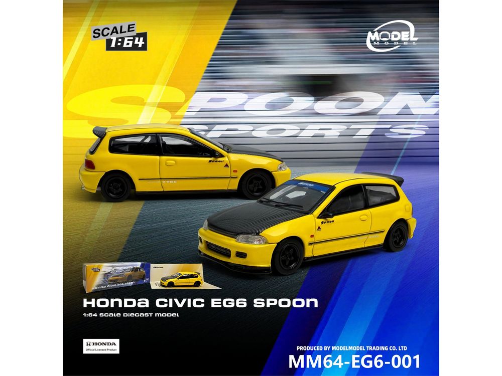 Honda Civic (EG6) RHD (Right Hand Drive) "Spoon Racing" Yellow with Carbon Hood 1/64 Diecast Model Car by Model Model view 5