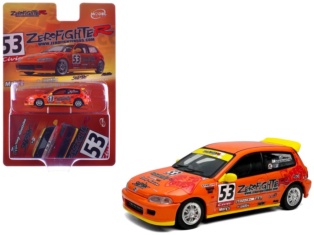 Honda Civic (EG6) RHD (Right Hand Drive) #53 "ZeroFighter" Orange with Graphics 1/64 Diecast Model Car by Model Model