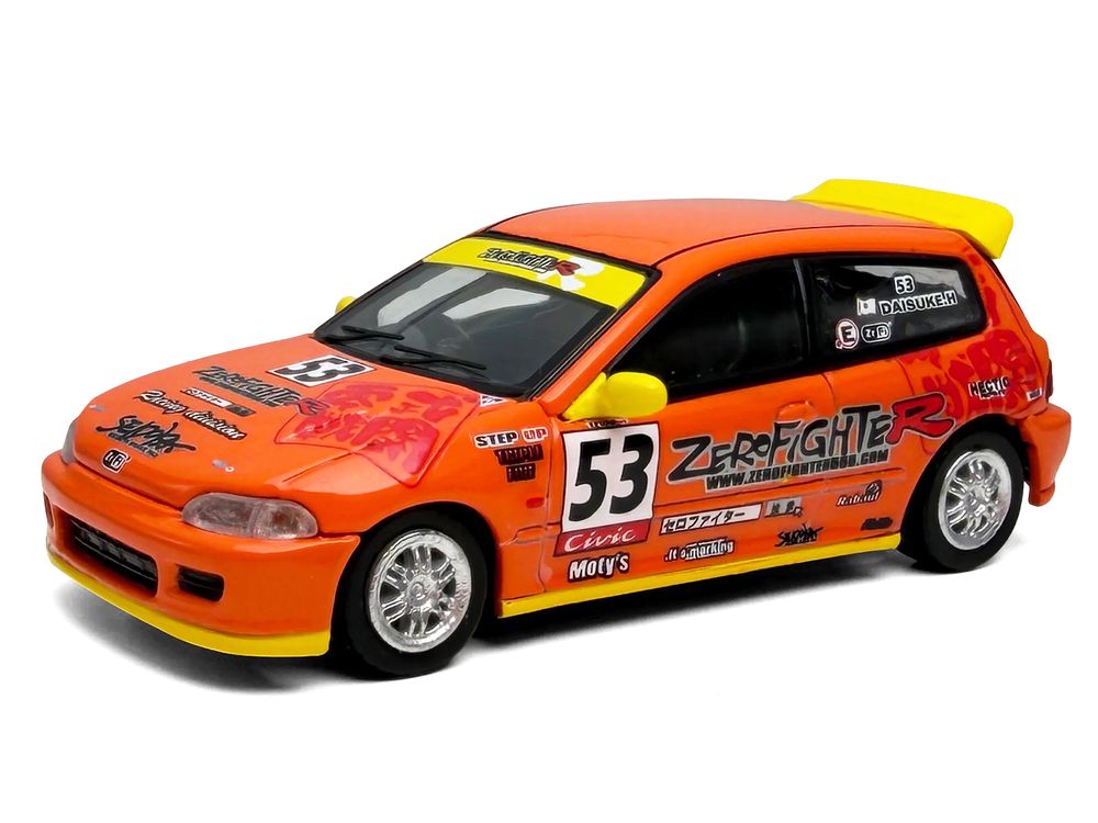 Honda Civic (EG6) RHD (Right Hand Drive) #53 "ZeroFighter" Orange with Graphics 1/64 Diecast Model Car by Model Model view 2