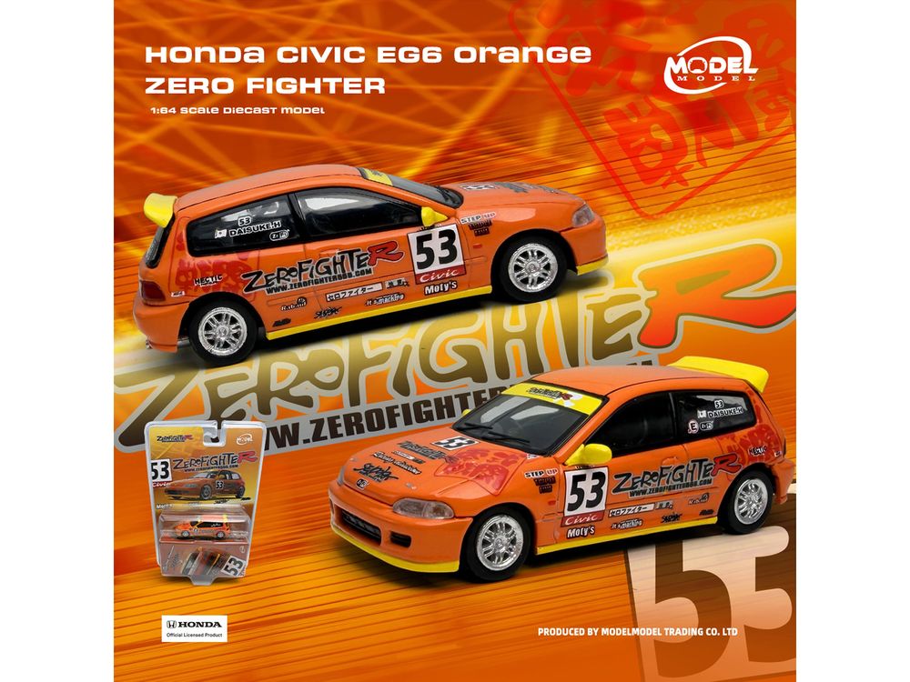 Honda Civic (EG6) RHD (Right Hand Drive) #53 "ZeroFighter" Orange with Graphics 1/64 Diecast Model Car by Model Model view 4