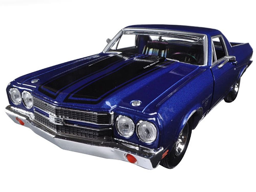 1970 Chevrolet El Camino SS 396 Dark Blue Metallic with Black Stripes 1/24 Diecast Model Car by Motormax view 2