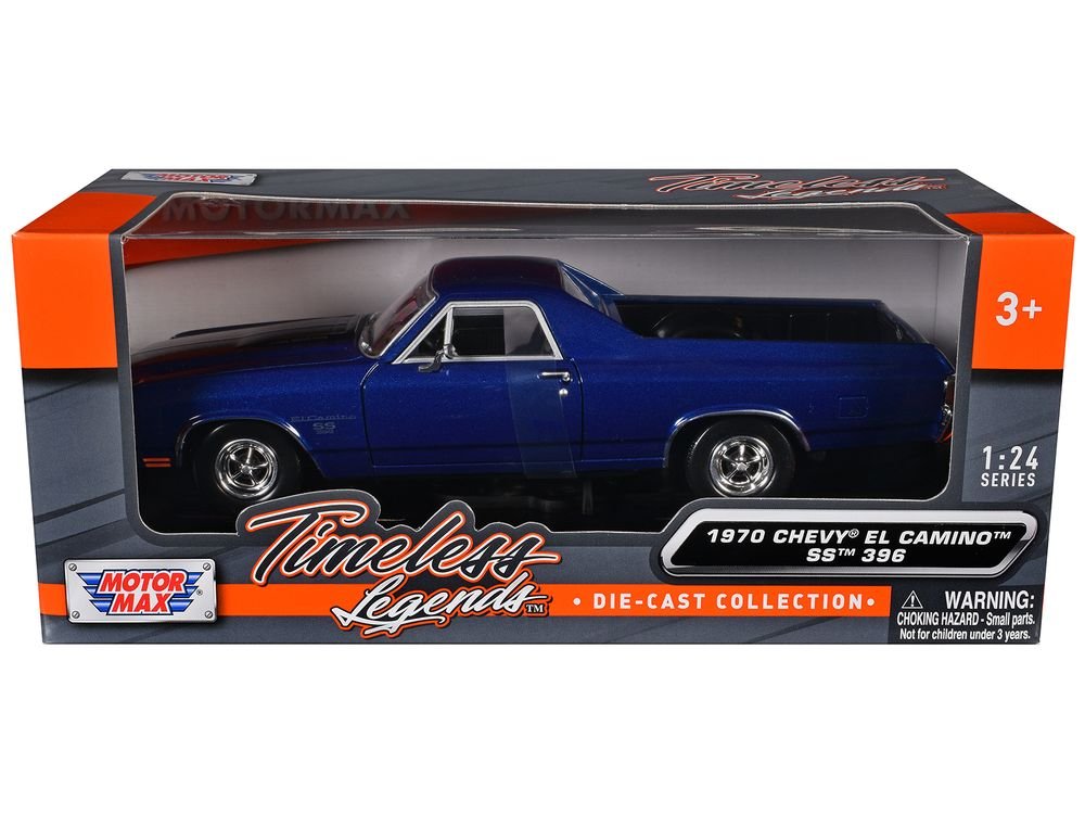 1970 Chevrolet El Camino SS 396 Dark Blue Metallic with Black Stripes 1/24 Diecast Model Car by Motormax view 3