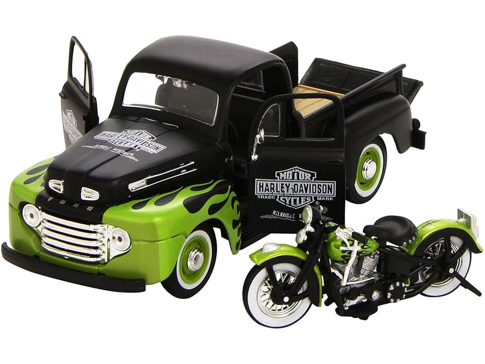 1948 Ford F-1 Pickup Truck "Harley Davidson" with 1948 Harley Davidson FL Panhead Motorcycle Black and Green 1/24 Diecast Models by Maisto view 2