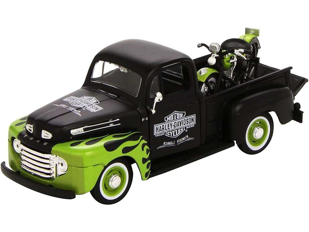 1948 Ford F-1 Pickup Truck "Harley Davidson" with 1948 Harley Davidson FL Panhead Motorcycle Black and Green 1/24 Diecast Models by Maisto view 3