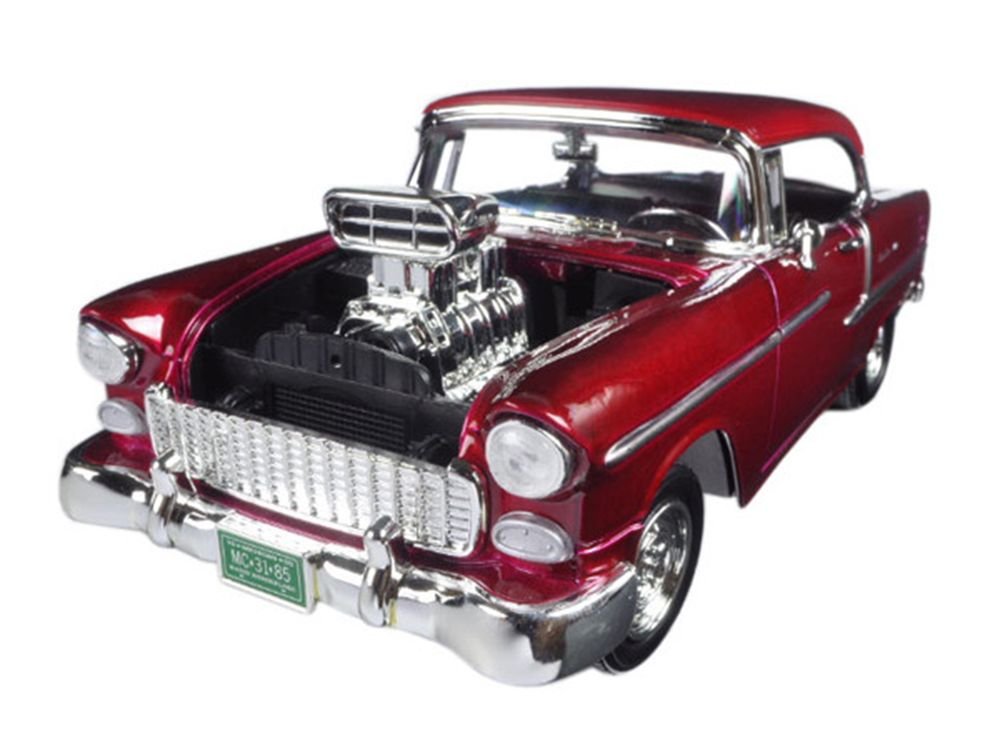 1955 Chevrolet Bel Air Burgundy With Blower Timeless Classics 1/18 Diecast Model Car  by Motormax view 2