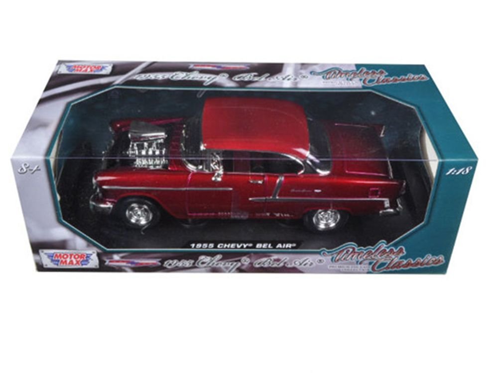 1955 Chevrolet Bel Air Burgundy With Blower Timeless Classics 1/18 Diecast Model Car  by Motormax view 3