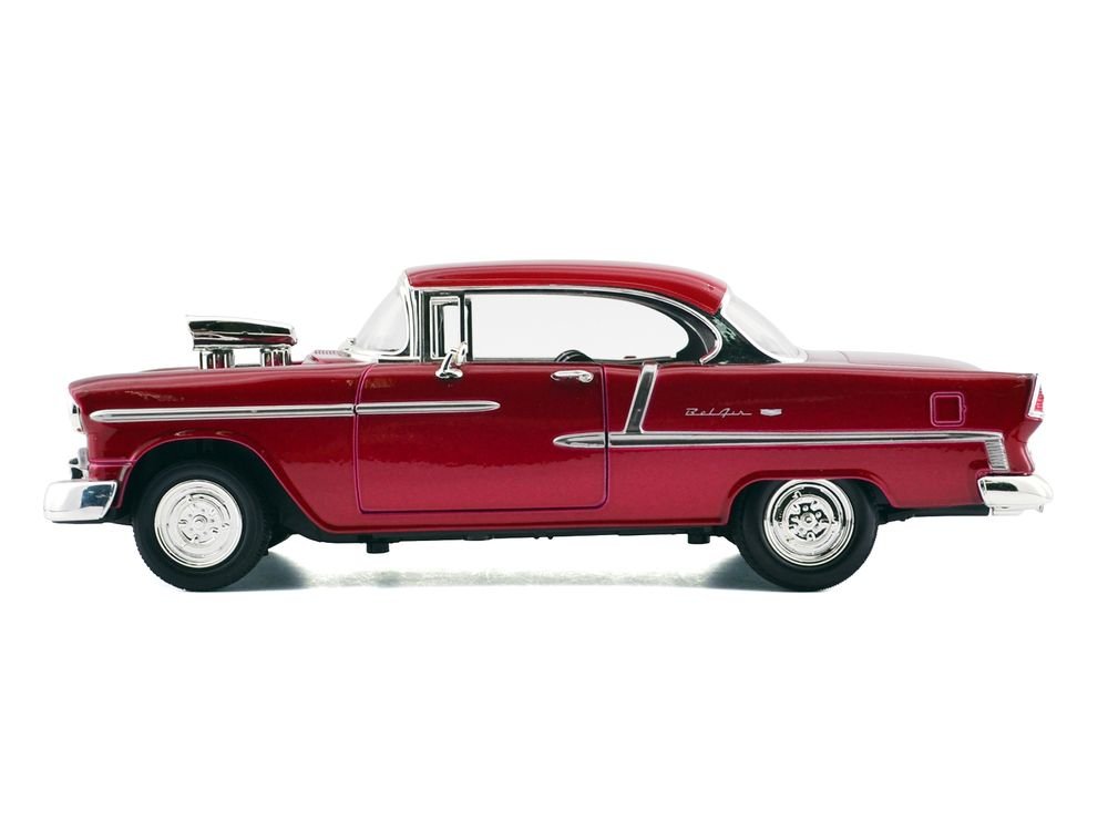 1955 Chevrolet Bel Air Burgundy With Blower Timeless Classics 1/18 Diecast Model Car  by Motormax view 4