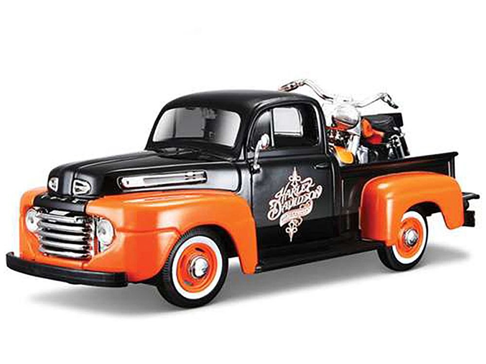 1948 Ford F-1 Pickup Truck with 1958 Harley Davidson FLH Duo Glide Motorcycle Orange and Black 1/24 Diecast Models by Maisto view 2