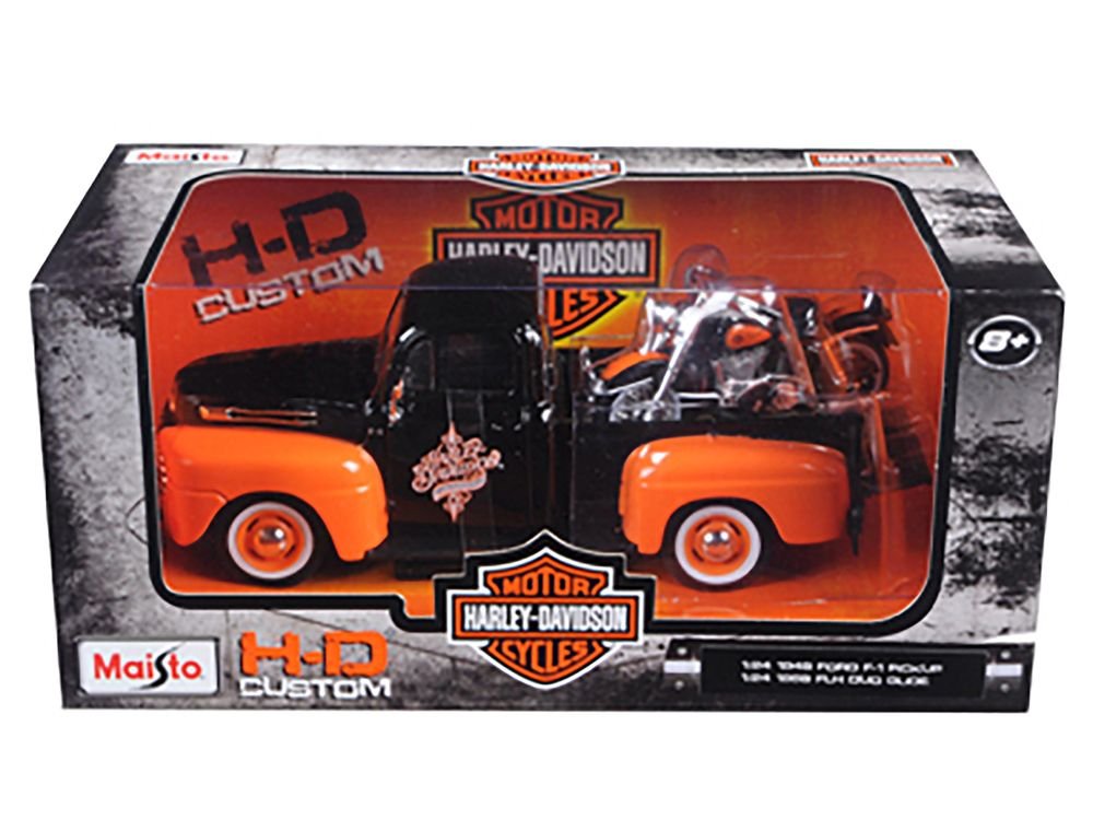 1948 Ford F-1 Pickup Truck with 1958 Harley Davidson FLH Duo Glide Motorcycle Orange and Black 1/24 Diecast Models by Maisto view 3