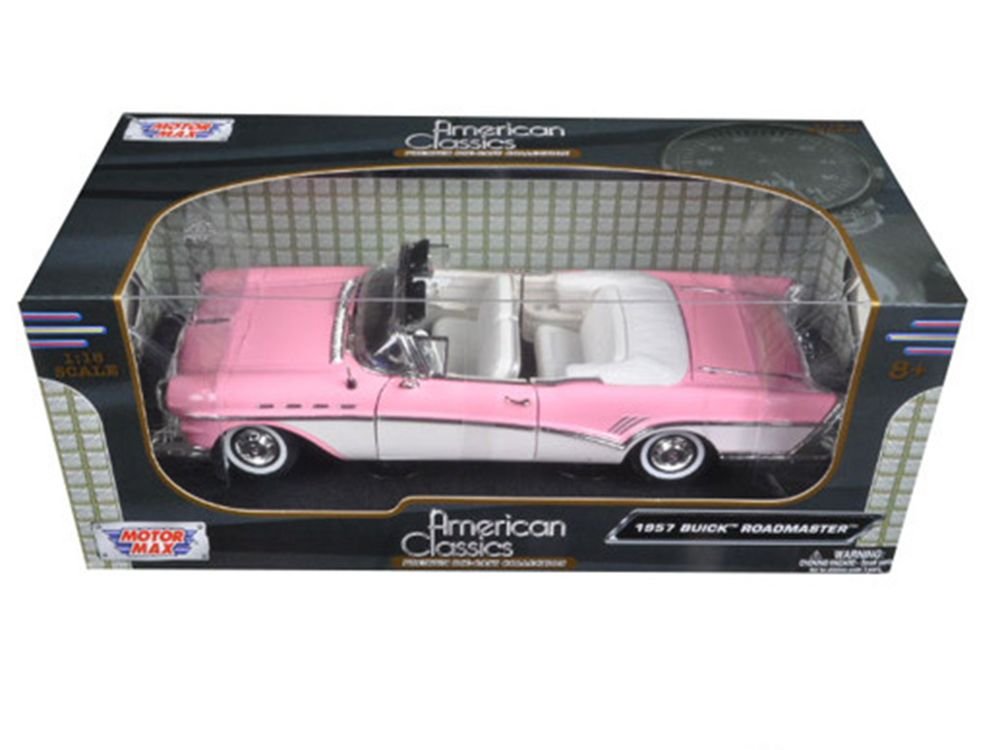 1957 Buick Roadmaster Convertible Pink and White 1/18 Diecast Model Car by Motormax view 3