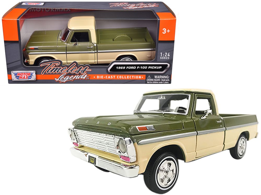 1969 Ford F-100 Pickup Truck Light Green and Cream 1/24 Diecast Model Car by Motormax