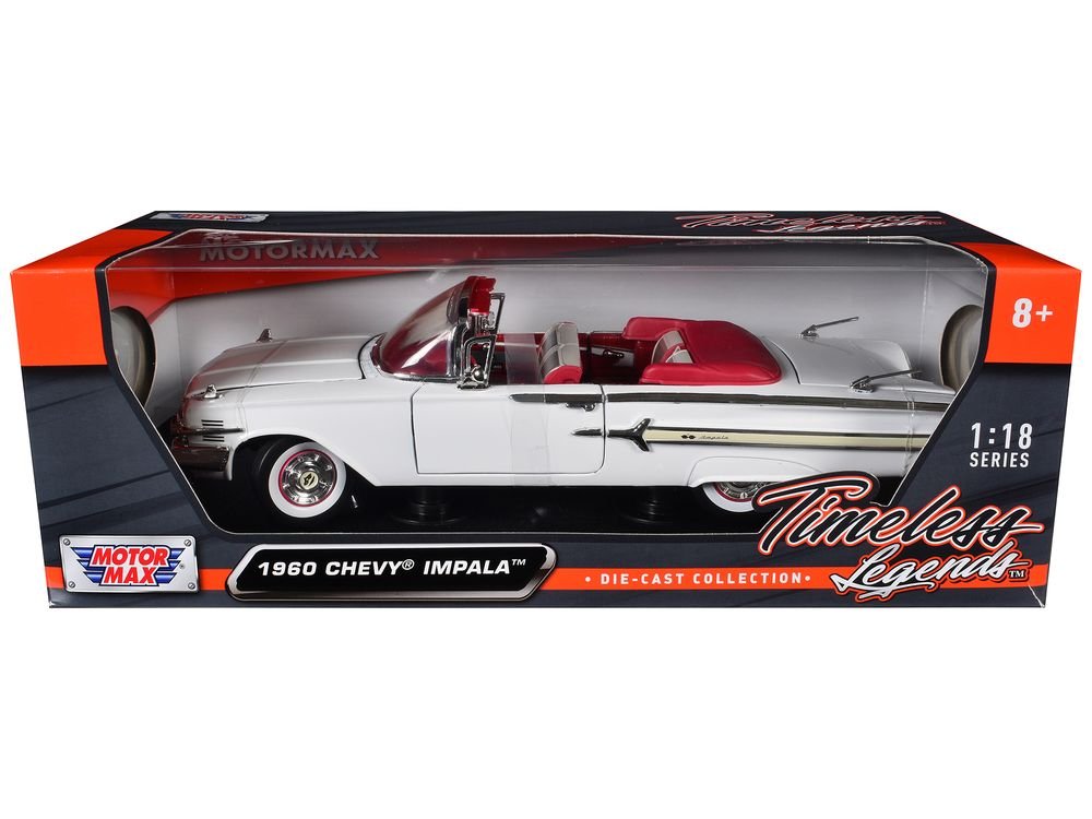 1960 Chevrolet Impala Convertible White with Red Interior 1/18 Diecast Model Car by Motormax view 3