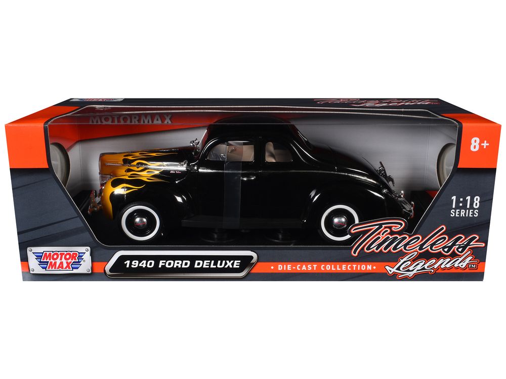 1940 Ford Deluxe Black with Yellow Flames "Timeless Classics" 1/18 Diecast Model Car by Motormax view 3