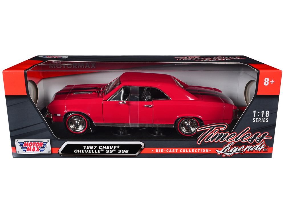 1967 Chevrolet Chevelle SS 396 Red with Black Stripes 1/18 Diecast Model Car by Motormax view 3