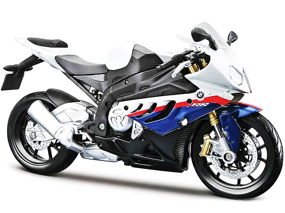 BMW S 1000 RR White with Blue and Red Stripes with Plastic Display Stand 1/12 Diecast Motorcycle Model by Maisto view 2