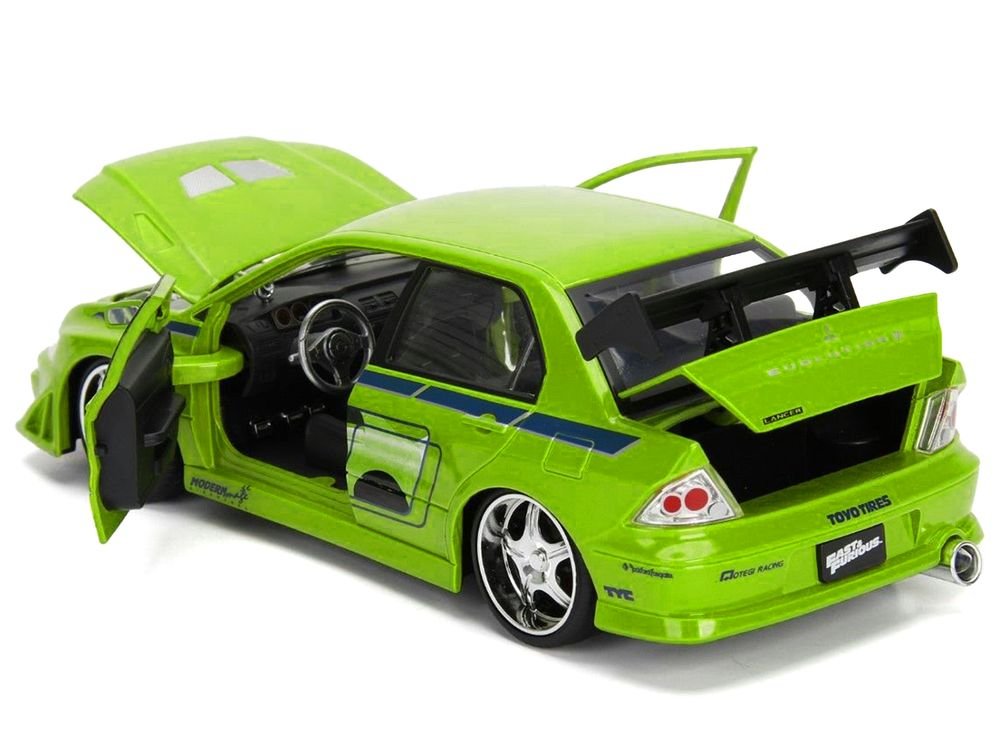 Brian's Mitsubishi Lancer Evolution VII Green with Graphics "Fast & Furious" Movie 1/24 Diecast Model Car by Jada view 3
