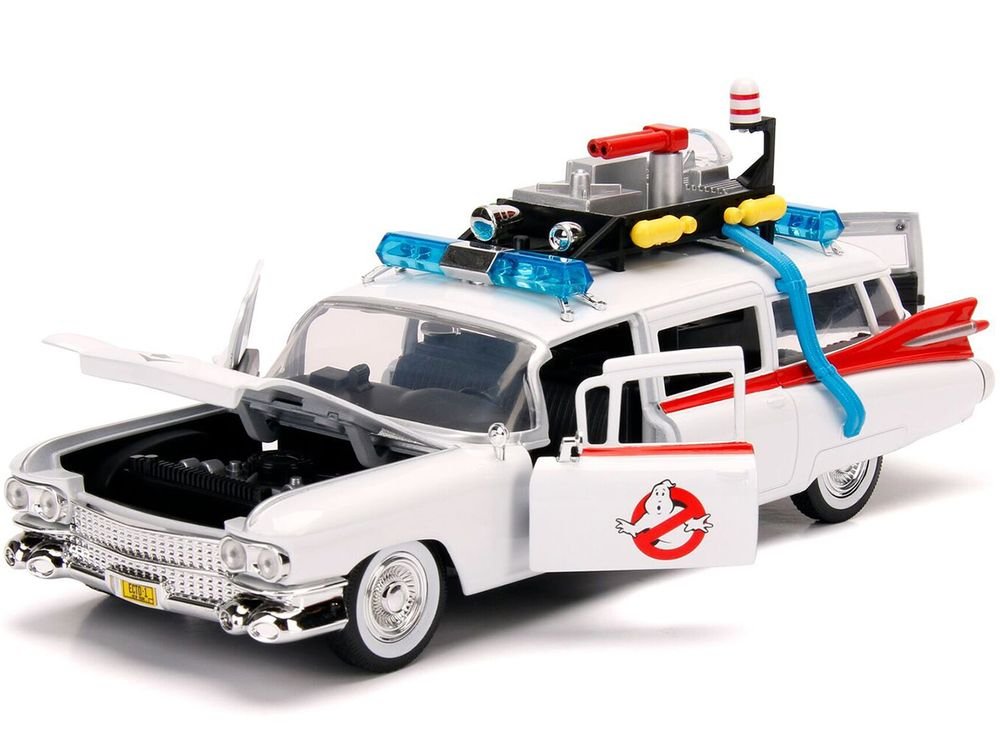 1959 Cadillac Ambulance Ecto-1 White "Ghostbusters" Movie "Hollywood Rides" Series 1/24 Diecast Model Car by Jada view 2