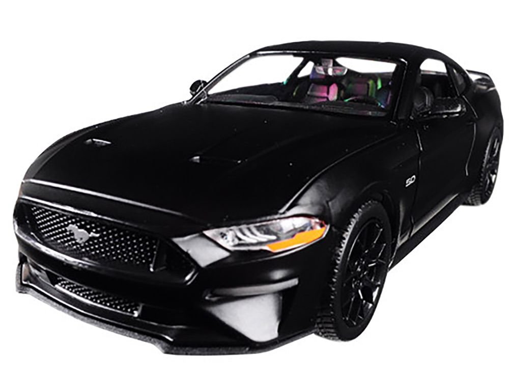 2018 Ford Mustang GT 5.0 Matt Black with Black Wheels 1/24 Diecast Model Car by Motormax view 2
