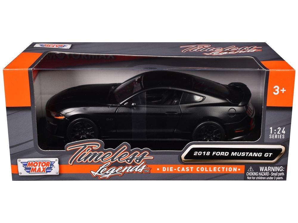 2018 Ford Mustang GT 5.0 Matt Black with Black Wheels 1/24 Diecast Model Car by Motormax view 3