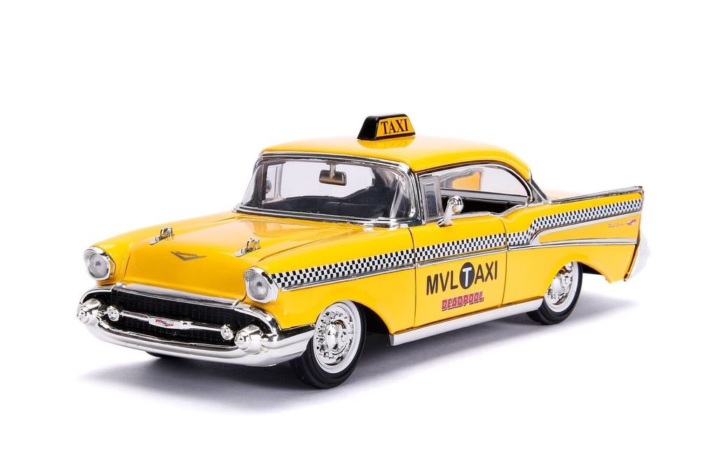 1957 Chevrolet Bel Air Taxi Yellow with Deadpool Diecast Figurine "Marvel" Series 1/24 Diecast Model Car by Jada view 2