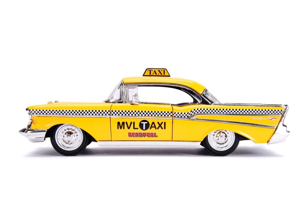 1957 Chevrolet Bel Air Taxi Yellow with Deadpool Diecast Figurine "Marvel" Series 1/24 Diecast Model Car by Jada view 3