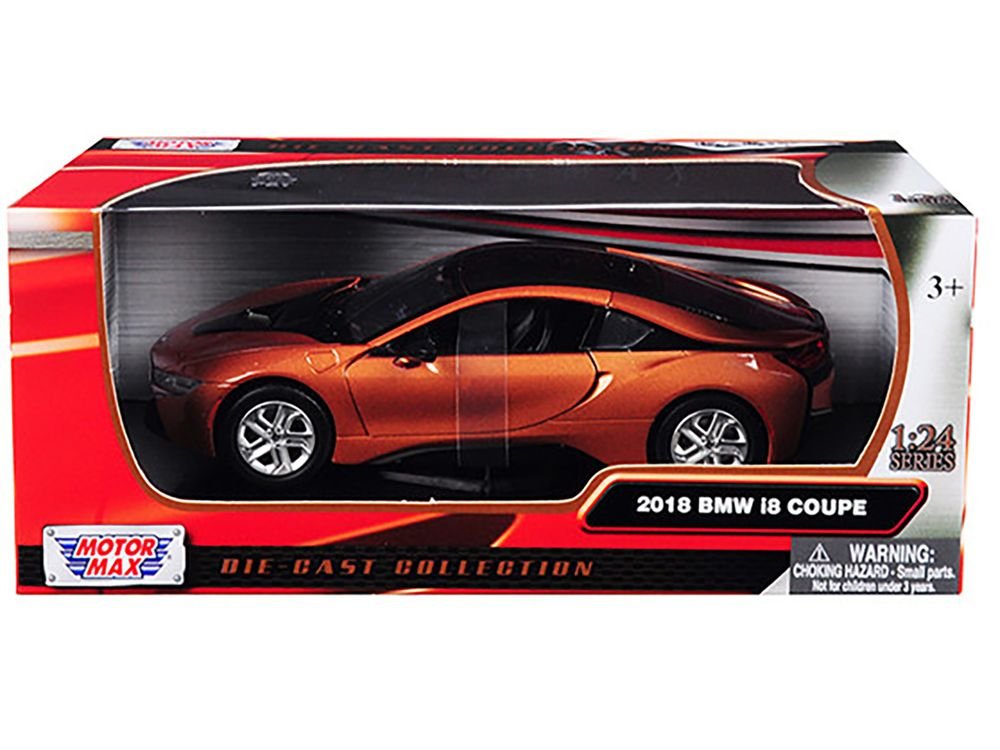 2018 BMW i8 Coupe Metallic Orange with Black Top 1/24 Diecast Model Car by Motormax view 3