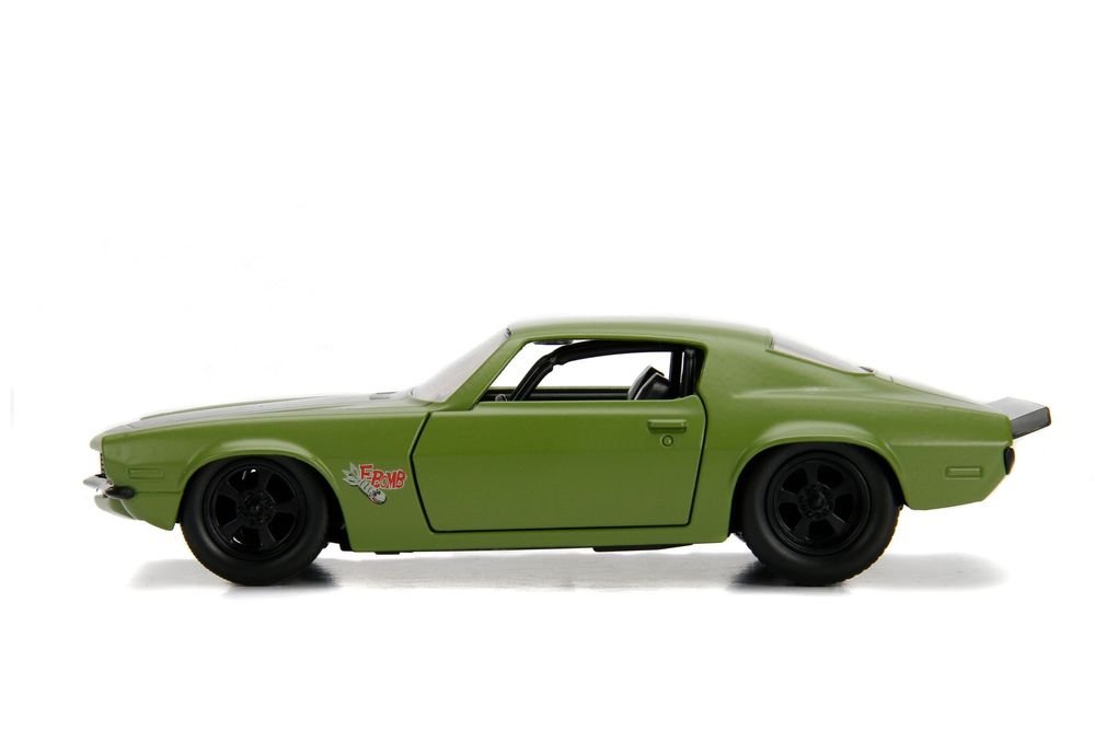 Dom's 1973 Chevrolet Camaro "F-Bomb" Matt Green with Black Hood Stripe "Fast & Furious" Movie 1/32 Diecast Model Car by Jada view 2