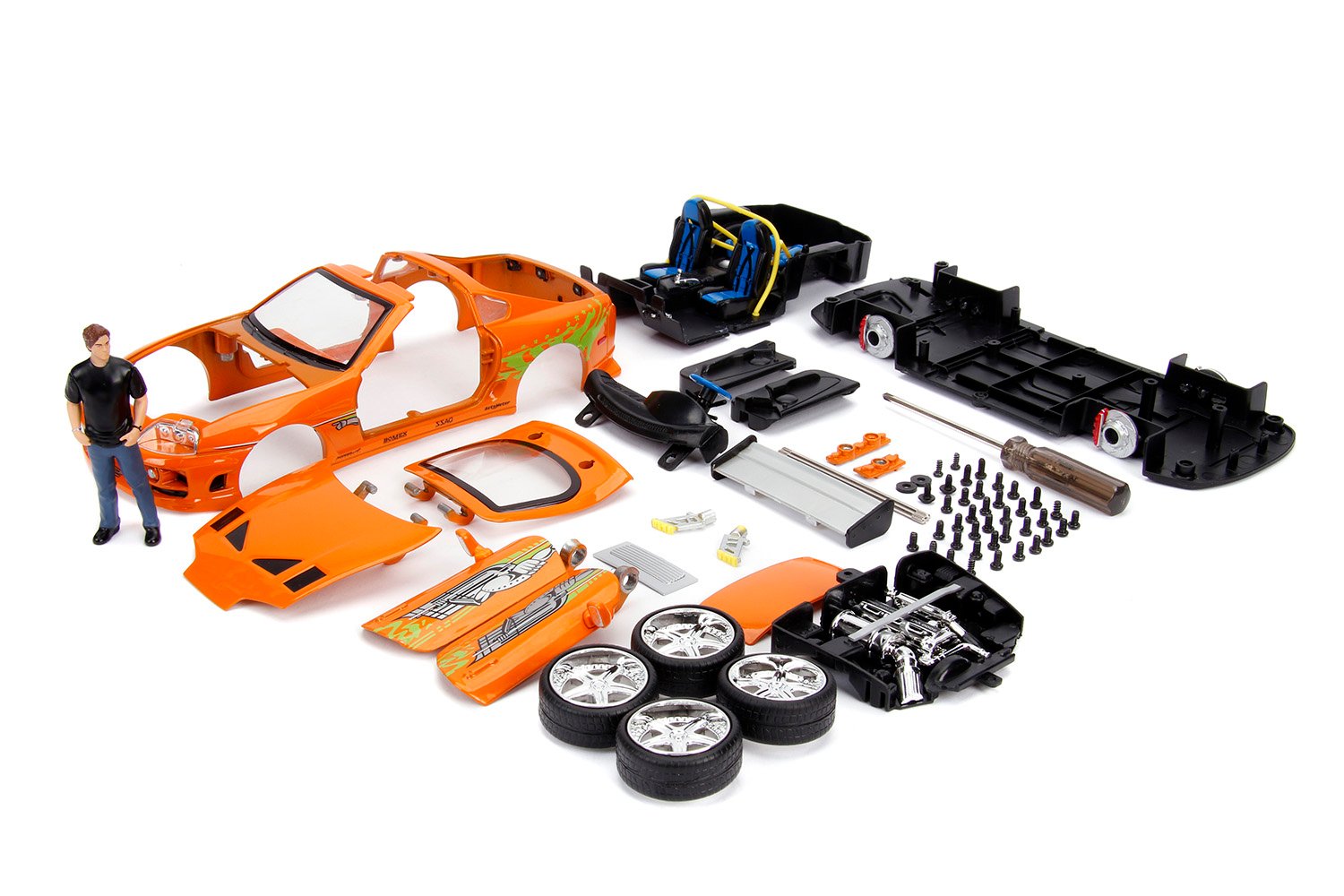 Model Kit Toyota Supra Metallic Orange with Brian Diecast Figure "Fast & Furious" Movie "Build N' Collect" 1/24 Diecast Model Car by Jada view 2
