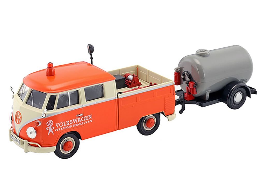 Volkswagen Type 2 (T1) Pickup Truck Orange and Cream with Oil Trailer "Road Service" 1/24 Diecast Model Car by Motormax view 2