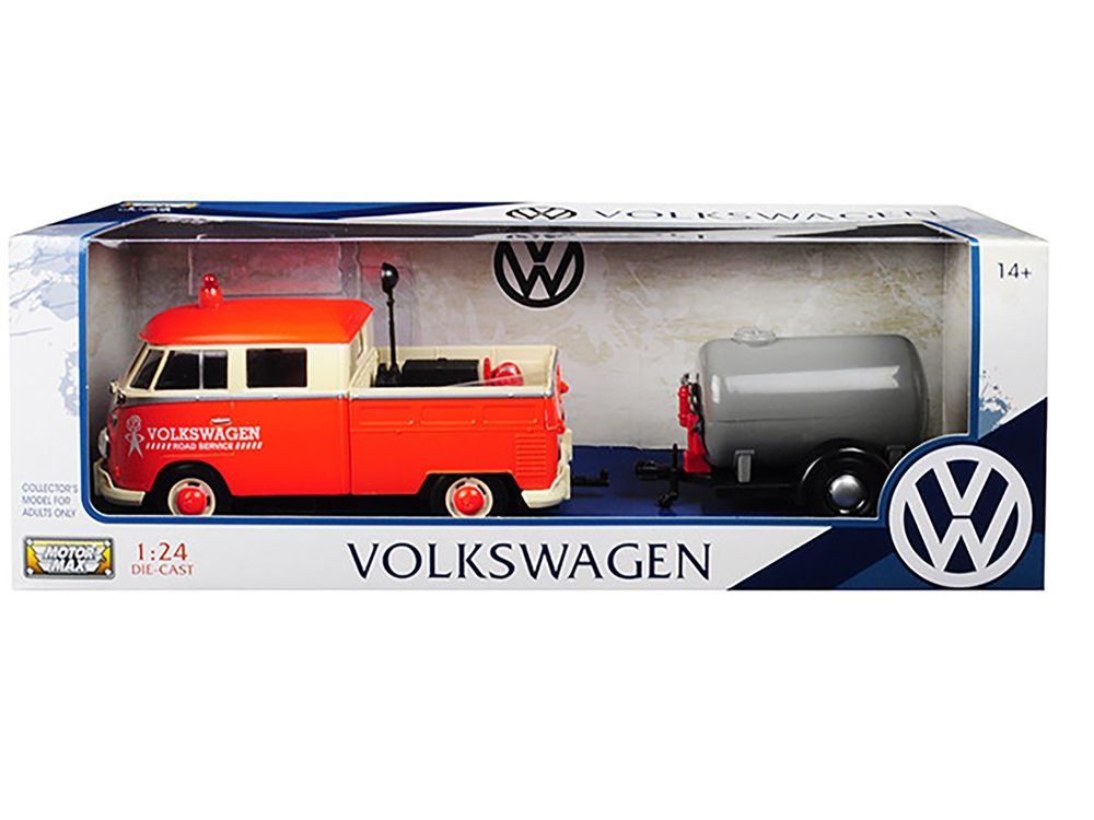 Volkswagen Type 2 (T1) Pickup Truck Orange and Cream with Oil Trailer "Road Service" 1/24 Diecast Model Car by Motormax view 3