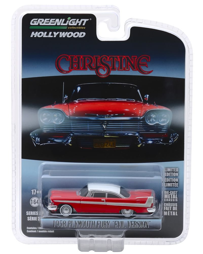 1958 Plymouth Fury Red with White Top "Evil Version" (Blacked Out Windows) "Christine" (1983) Movie "Hollywood Series" Release 24 1/64 Diecast Model Car by Greenlight view 3