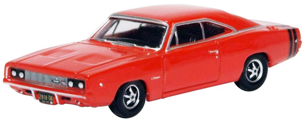 1968 Dodge Charger Bright Red with Black Stripes 1/87 (HO) Scale Diecast Model Car by Oxford Diecast view 2
