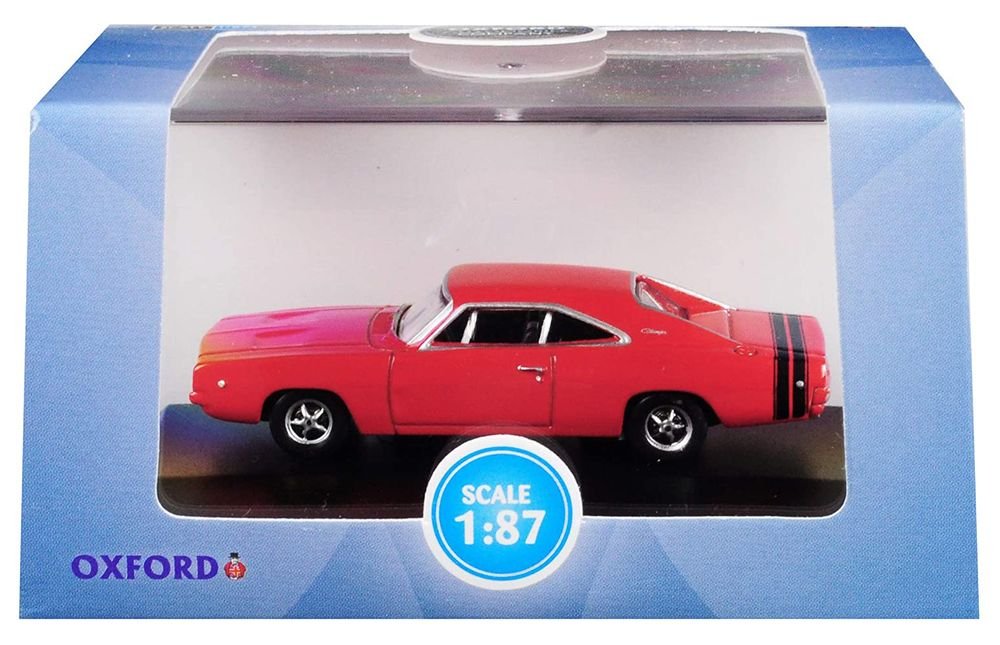 1968 Dodge Charger Bright Red with Black Stripes 1/87 (HO) Scale Diecast Model Car by Oxford Diecast view 3