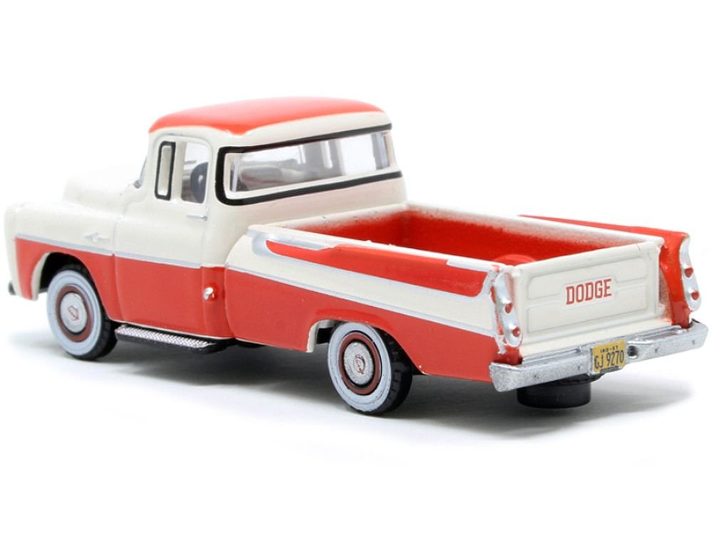 1957 Dodge D100 Sweptside Pickup Truck Tropical Coral and Glacier White 1/87 (HO) Scale Diecast Model Car by Oxford Diecast view 3