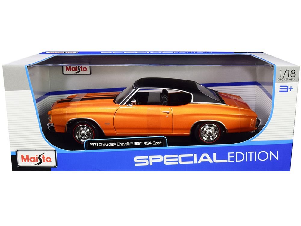 1971 Chevrolet Chevelle SS 454 Sport Orange Metallic with Black Top and Black Stripes 1/18 Diecast Model Car by Maisto view 2
