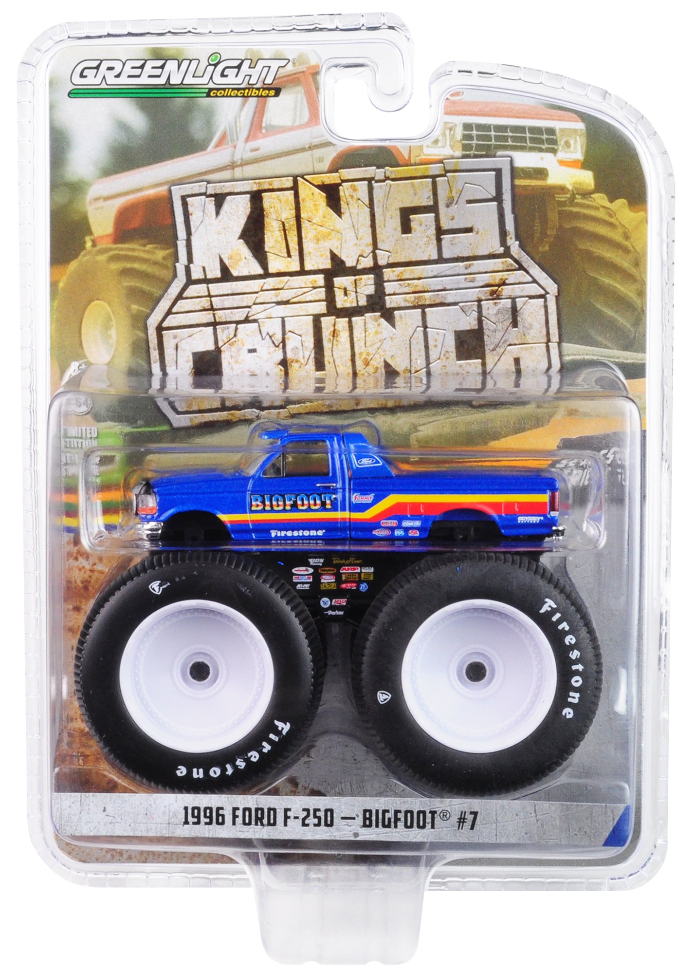 1996 Ford F-250 Monster Truck "Bigfoot #7" Metallic Blue with Stripes "Kings of Crunch" Series 5 1/64 Diecast Model Car by Greenlight view 3