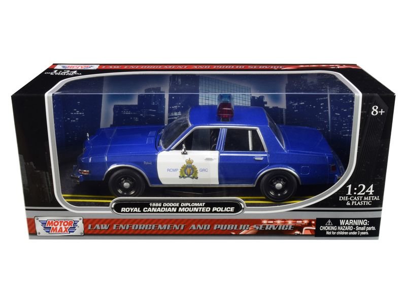 1986 Dodge Diplomat "Royal Canadian Mounted Police" Metallic Blue and White 1/24 Diecast Model Car by Motormax