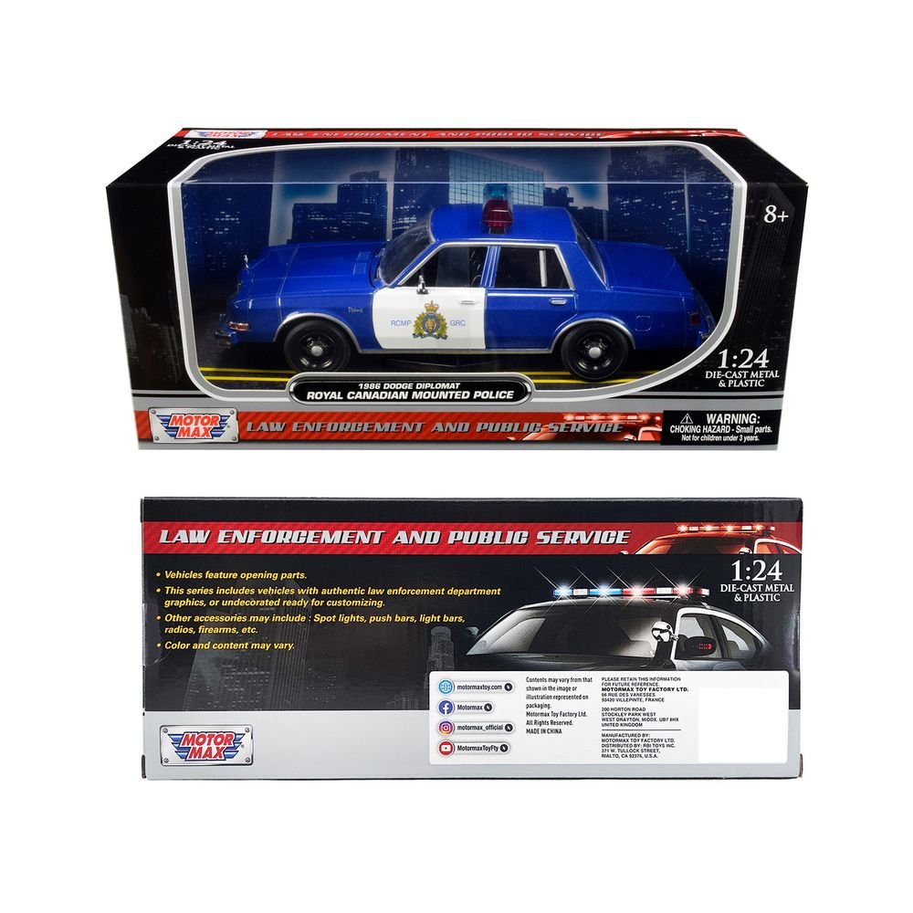 1986 Dodge Diplomat "Royal Canadian Mounted Police" Metallic Blue and White 1/24 Diecast Model Car by Motormax view 3