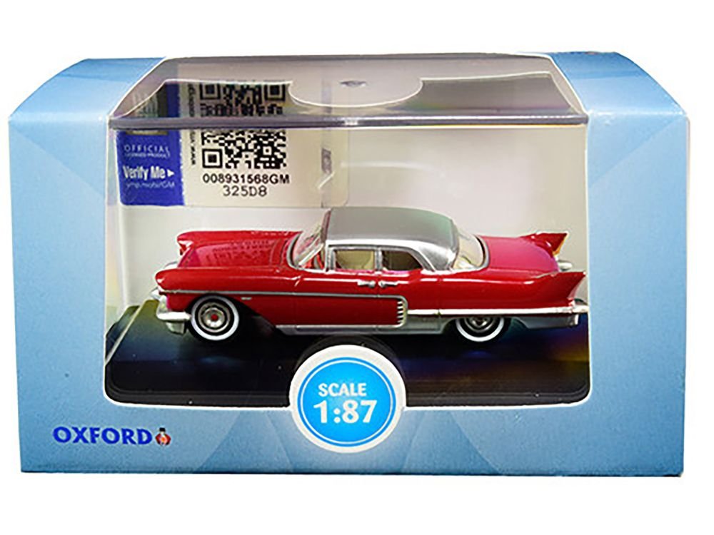 1957 Cadillac Eldorado Brougham Dakota Red with Silver Metallic Top 1/87 (HO) Scale Diecast Model Car by Oxford Diecast view 3