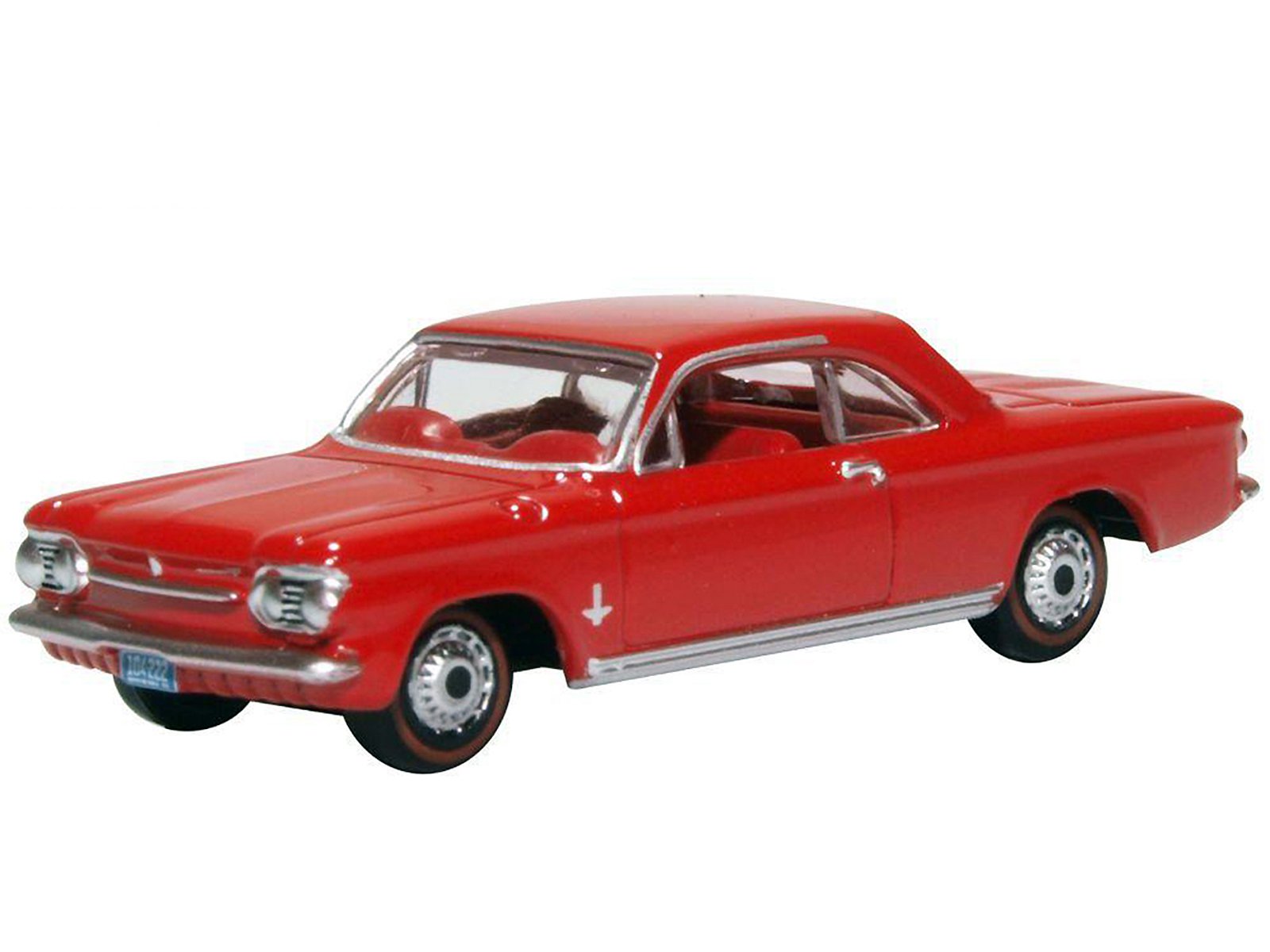 1963 Chevrolet Corvair Coupe Riverside Red with Red Interior 1/87 (HO) Scale Diecast Model Car by Oxford Diecast view 2