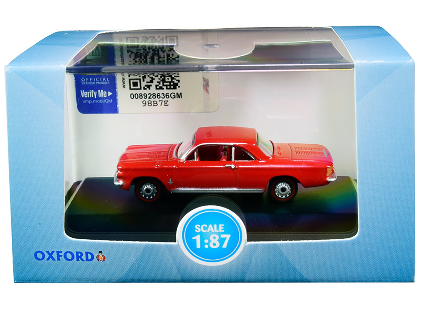 1963 Chevrolet Corvair Coupe Riverside Red with Red Interior 1/87 (HO) Scale Diecast Model Car by Oxford Diecast view 3